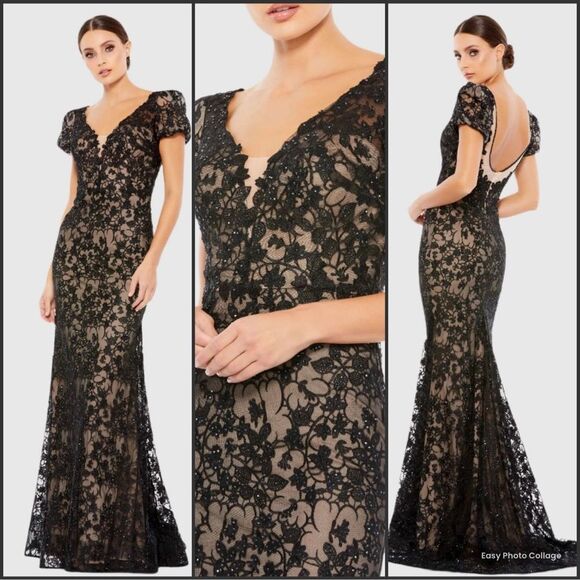 Mac Duggal Dresses & Skirts - MAC DUGGAL 50644 Black Lace Plunge Neck Short Puff Sleeve Trumpet Gown